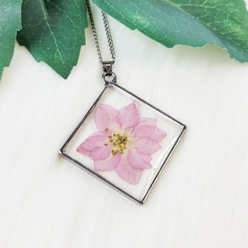 Floral Pendant Necklace Pink Pressed Dried Flower Large Geometric Bezel Pendant